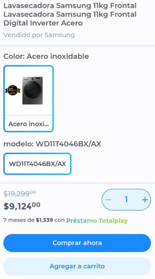 Samsung Lavasecadora WD11T4046BX/AX por $9,306 en Totalplay