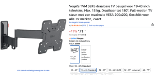 Vogel's Muurbeugel Comfort TVM3245 - Zwart voor €71,17 bij Amazon