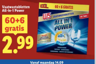 W5 vaatwastabletten XXL 60 + 6 voor €2,99 bij Lidl
