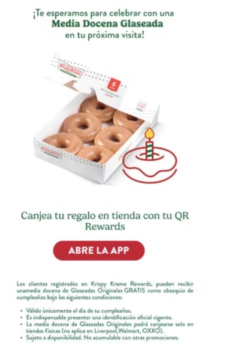 Media Docena Glaseada Original Gratis en Krispy Kreme por tu Cumpleaños