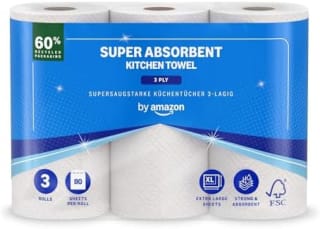 by Amazon Essuie-tout Super Absorbant (3 rouleaux, 80 feuilles) à 2,24€