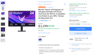 Monitor LG 24" Full HD 144Hz por $2,299 | Mercado Libre