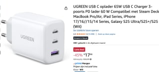 UGREEN USB C oplader 65W voor €17,98 bij Amazon