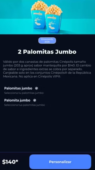 2 Palomitas Jumbo por $140 en Cinépolis