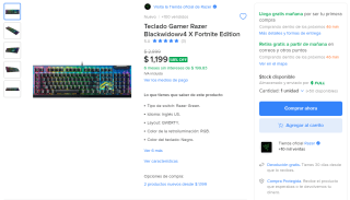 Razer BlackWidow V4 Fortnite por $1,199 en Mercado Libre