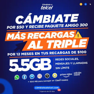 Paquete de $300 al Recargar $50 Cambiándote a Telcel