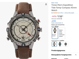 Timex Intelligent Quartz Tide Temp Compass 45mm herenhorloge T2N721 voor €110,72