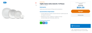Vajilla Santa Anita Antartic 16 Piezas por $524 | Chedraui