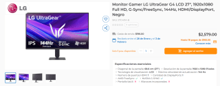 Monitor LG UltraGear G4 LCD 27" 1080p por $2,579 | CyberPuerta
