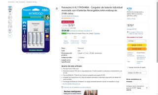 Panasonic K-KJ17M3A4BA 4 AAA Eneloop por $375 | Amazon
