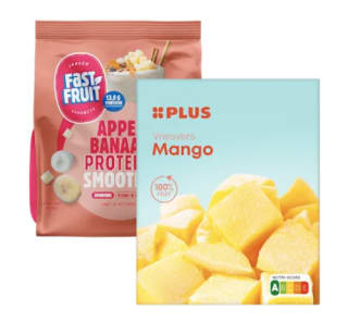 1+1 gratis op diepvriesfruit en Fast Fruit Bowls bij PLUS