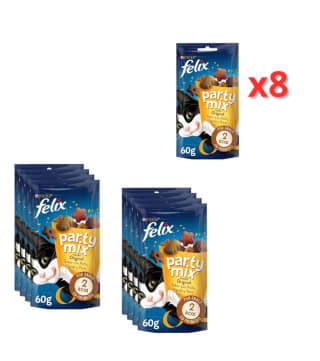 Pack 8×60gr Purina Félix Party Mix Original Snack para gatos adultos por 3.99€.