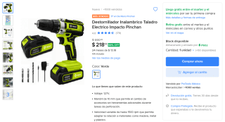 Destornillador inalámbrico taladro de impacto Pinchan por $218 en Mercado Libre