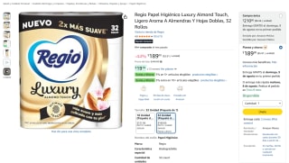 Regio Papel Higiénico Luxury Almond Touch (32 rollos) por $168 en Amazon