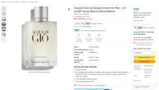 Acqua Di Gio de Giorgio Armani (100 ml) por $1,199 en Amazon