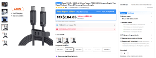 Cable USB C a USB C 240W PD3.1 Toocki (2m) por $26 en AliExpress