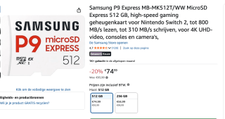 Samsung P9 512GB Micro SD Express geheugenkaart voor €76,25 bij Amazon