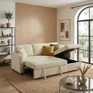 Canapé d'angle convertible KIM en velours côtelé beige pour 449,99€ chez But