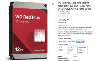WD HDD 3.5" 12TB WD120EFGX Red Plus voor €277,99 bij Amazon