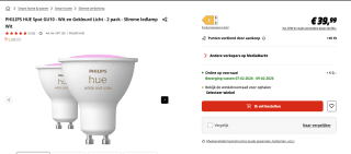 Philips Hue LED lamp GU10 set van 2 400lm White Color Ambiance voor €39,99