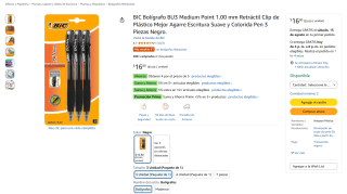 BIC Bolígrafo BU3 Medium Point 1.00 mm (3 piezas) por $13 en Amazon