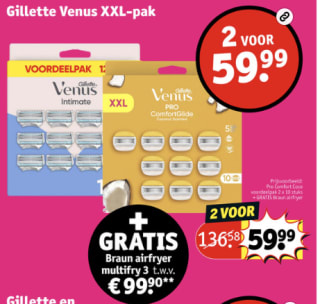 Gillette Venus XXL-pak 2 voor €59.99 + gratis Braun HF3000 Airfryer Voucher bij kruid