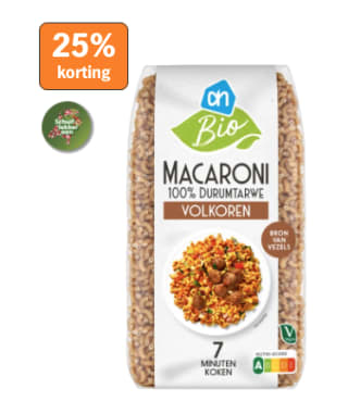 AH Macaroni volkoren biologisch 500 gram voor €0,37 bij Albert Heijn