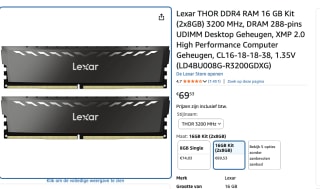 Lexar 16 GB: 2 x 8 GB Geheugenkit DDR4 SDRAM voor €69,53 bij Amazon