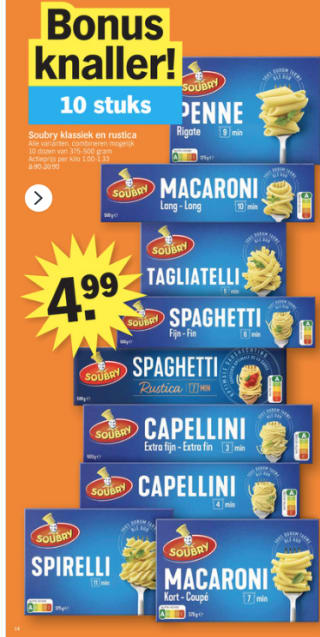 Alle Soubry pasta 10 stuks voor €4,99 bij de AH in Belgie