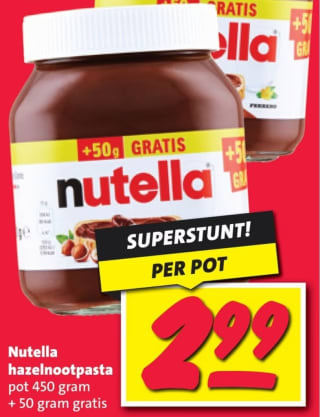 Nutella Hazelnootpasta 500 gram voor €2,99 bij de Nettorama
