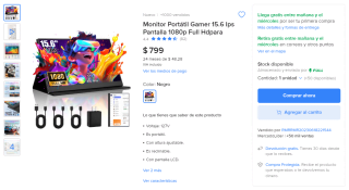 Monitor portátil 15.6" IPS Full HD por $724 en Mercado Libre