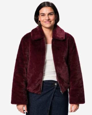 Damesjas Rafi bomber imitatiebont bordeauxrood voor €29,99 bij Hema