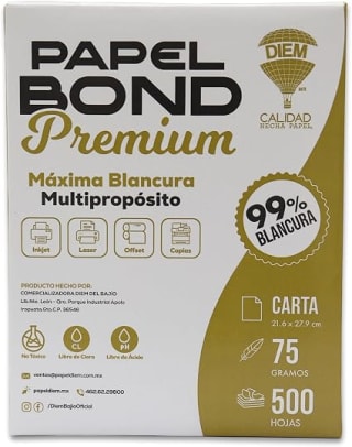 DIEM PREMIUM Papel Bond Premium Carta (500 hojas, 75g) por $84 en Amazon
