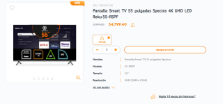 Smart TV 55" Spectra 4K UHD LED Roku 55-RSPF por $4,799 | Office Depot