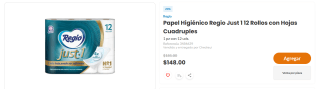 Papel Higiénico Regio Just 1 12 Rollos con Hojas Cuadruples por $118 | Chedraui