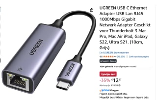 UGREEN USB C Ethernet Adapter voor €12,97 bij Amazon