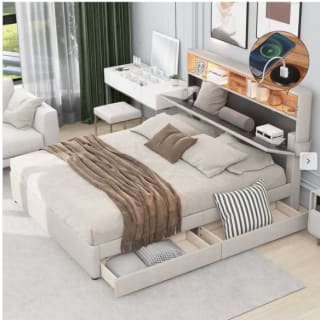 Cama Doble Tapizada con Almacenaje Carga USB LED Beige 140x200 cm por 411,61€