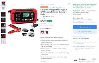 Cargador de batería inteligente EnergyArk 12V 6A por $132 en Mercado Libre