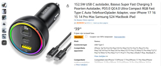 Baseus Super Fast Charging 3 Poorten Autolader voor €19,99 bij Amazon