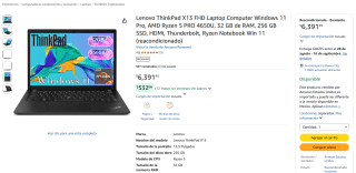 Lenovo ThinkPad X13 Ryzen 5 PRO 4650U por $6,392 en Amazon