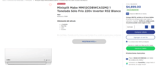Minisplit Mabe MMI12CDBWCA32M2 1 Ton Frío Inverter R32 por $ | Villareal Muebles