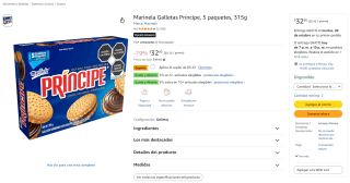 Marinela Galletas Príncipe, 5 paquetes (315g) por $28 en Amazon