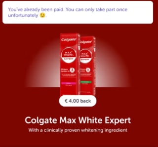 Probeer Colgate Max White Expert voor €1,50 na cashback via Tikkie en de AH