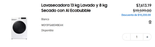 Lavasecadora 13 kg Lavado y 8kg Secado AI Ecobubble por $6,471 | Samsung Estudiantes
