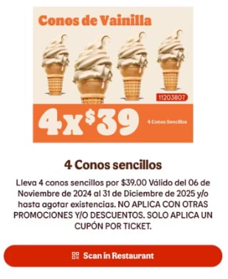 Cupón Burger King: 4 Conos Sencillos por $39