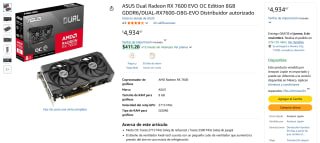 Tarjeta ASUS Dual Radeon RX 7600 EVO OC Edition 8GB GDDR6 por $4935 | Amazon