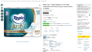 Regio Just 1 Papel Higiénico (12 rollos) por $120 en Amazon