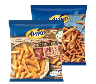 Aviko Wavy, grip 'n dip, schijfjes, zoete friet en friet van 't huis 1+1 gratis