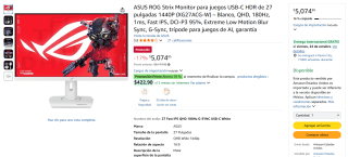 Monitor ASUS ROG 27" 1440p 180Hz $4,567 | Oferta Amazon