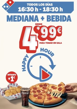 Oferta Pizza Mediana + Bebida por 4,99€ y por 1€ más entrante si quieres